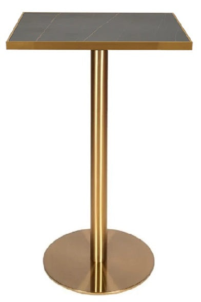 Mesa de bar alta piedra sinterizada con borde dorado 70x70