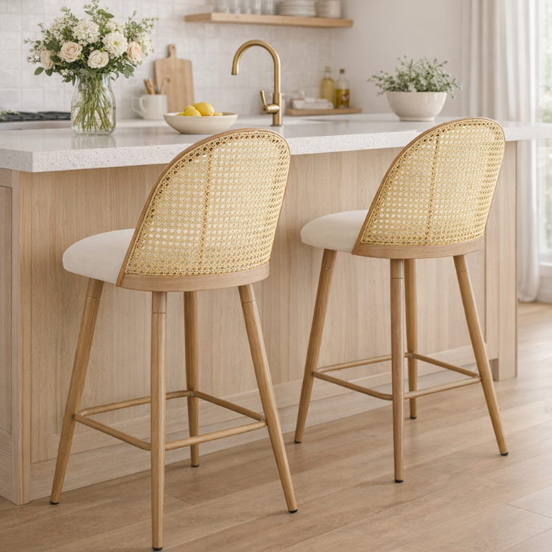 Pack de 2 Taburetes de Ratán sintético con Asiento Tapizado en terciopelo Beige