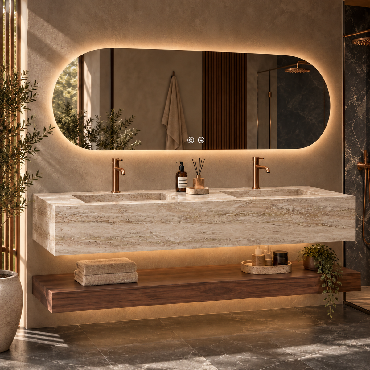 Lavabo suspendido doble Altessa 140 cm  Piedra Sinterizada y Nogal