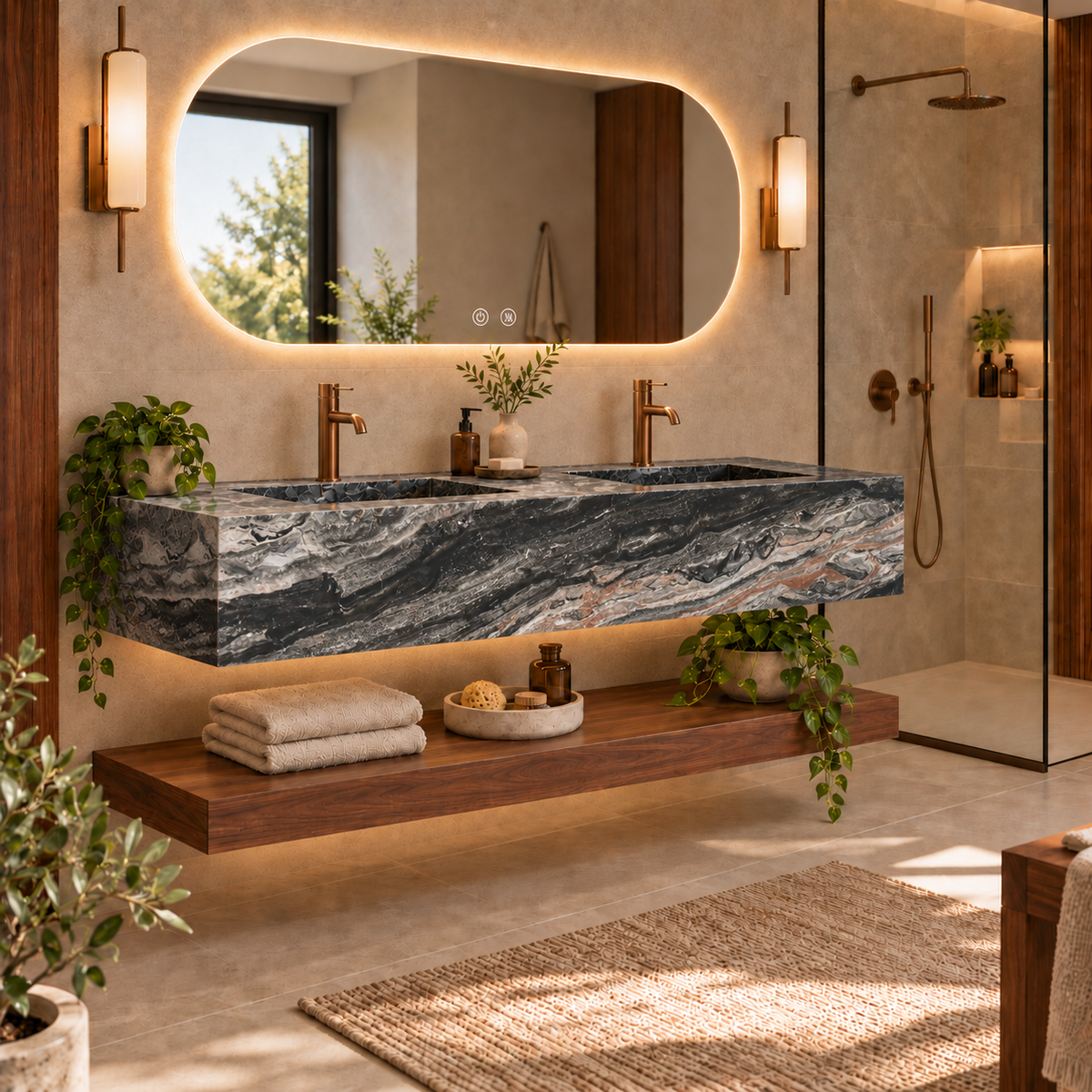 Lavabo suspendido doble Altessa 140 cm  Piedra Sinterizada y Nogal