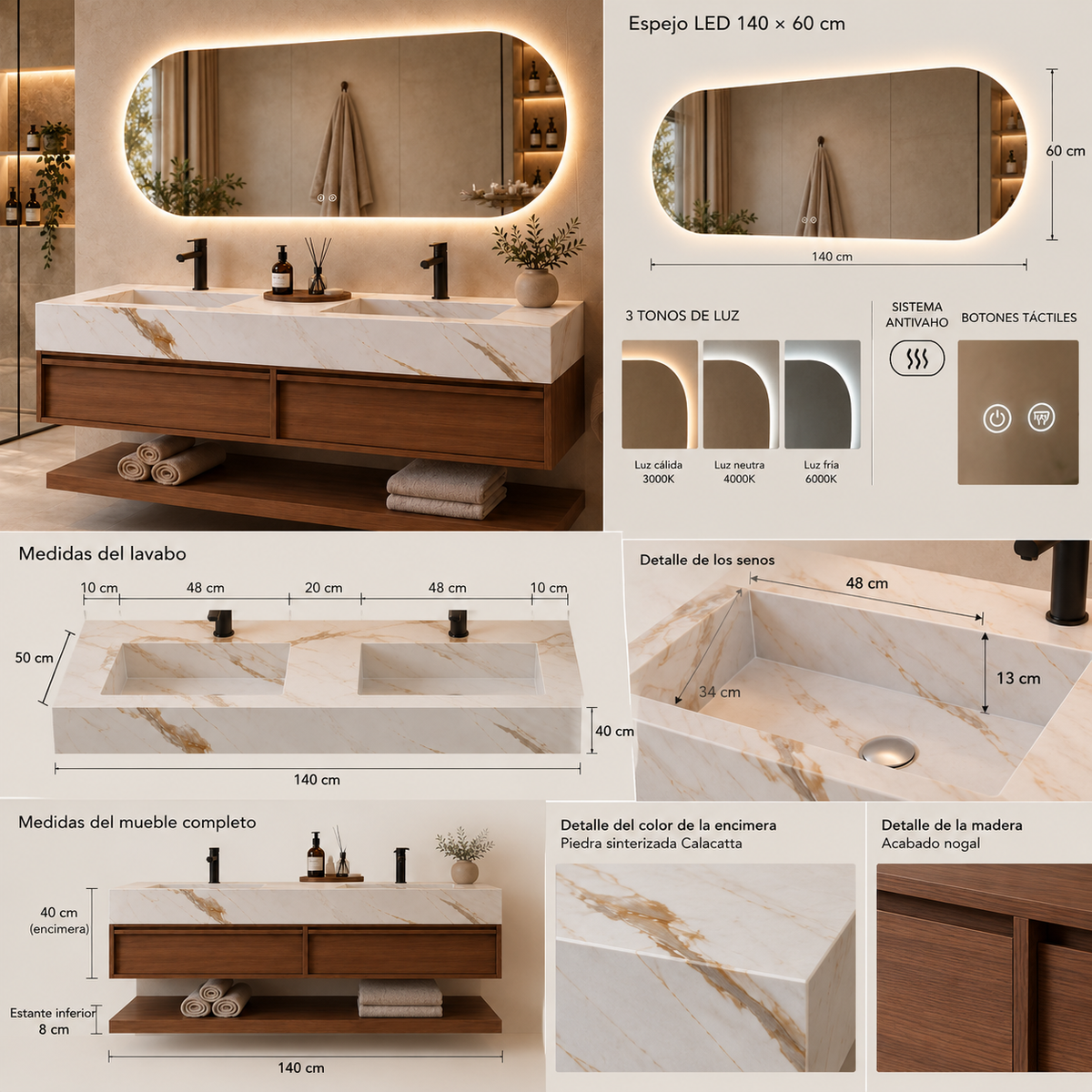 Detalles del mueble de baño Alira 140 con espejo LED antivaho y doble lavabo