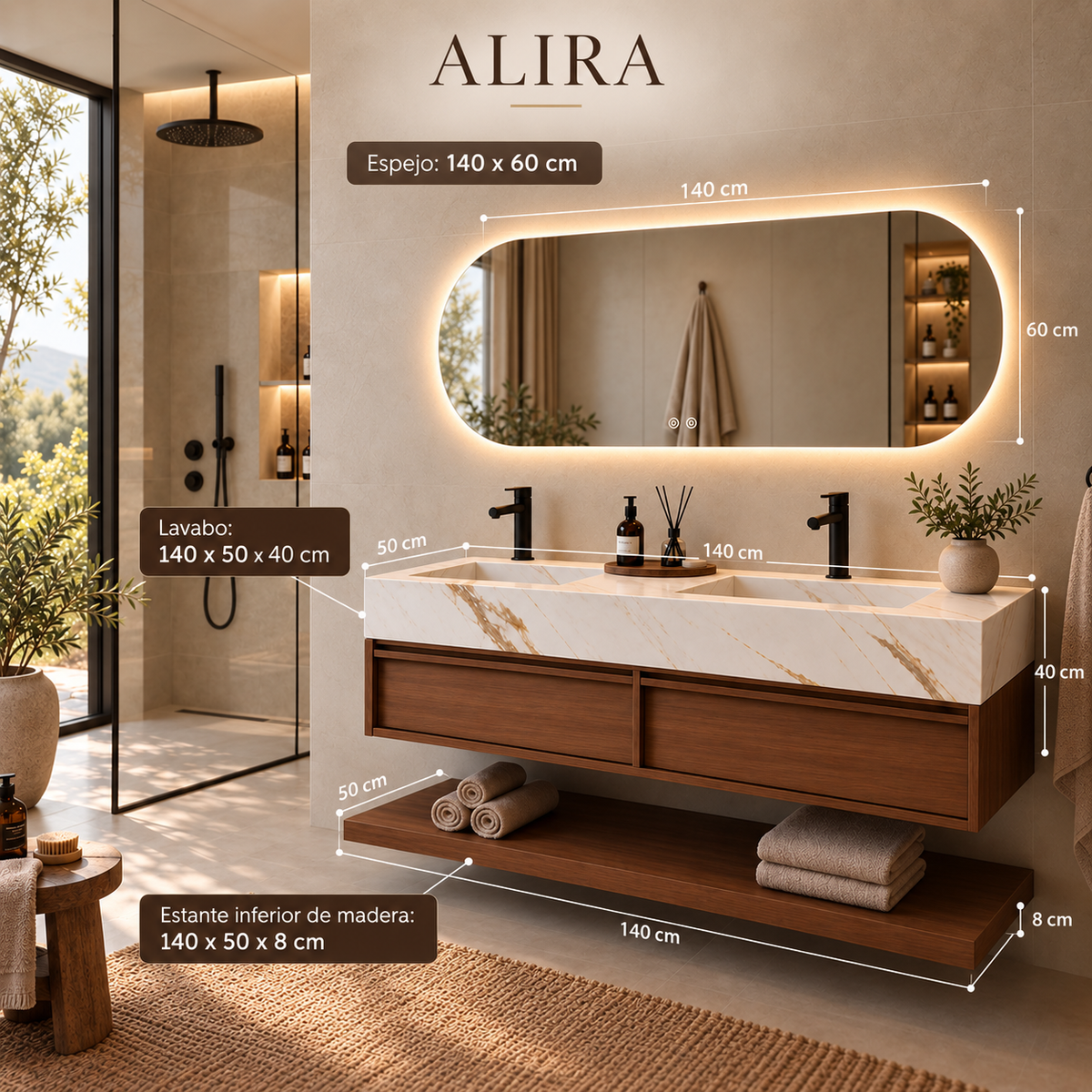 Medidas del mueble de baño Alira 140 cm con doble lavabo y balda inferior en nogal