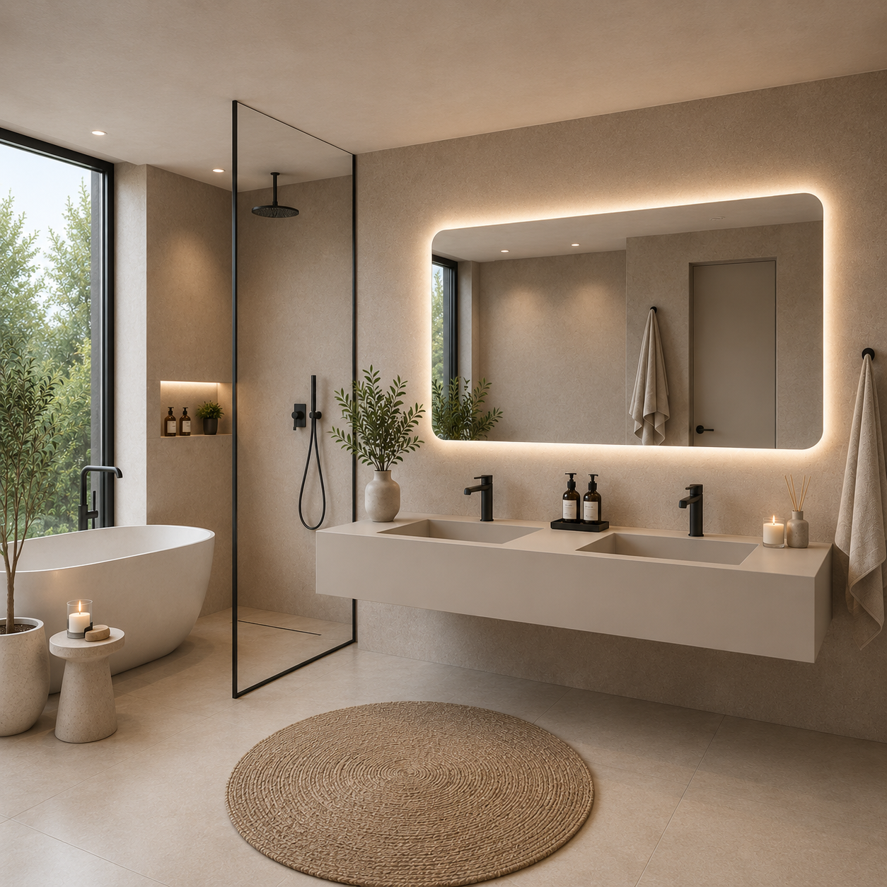 Lavabo Essenza Beige de piedra sinterizada con espejo LED 140 - Conjunto suspendido de baño