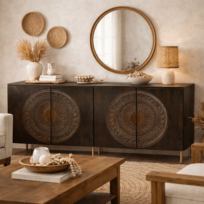 Sideboard 4 Türen aus geschnitztem Mangoholz Meta - Vintahome