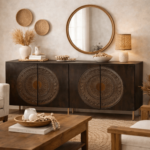 Aparador 4 puertas madera de mango tallado Meta - Vintahome