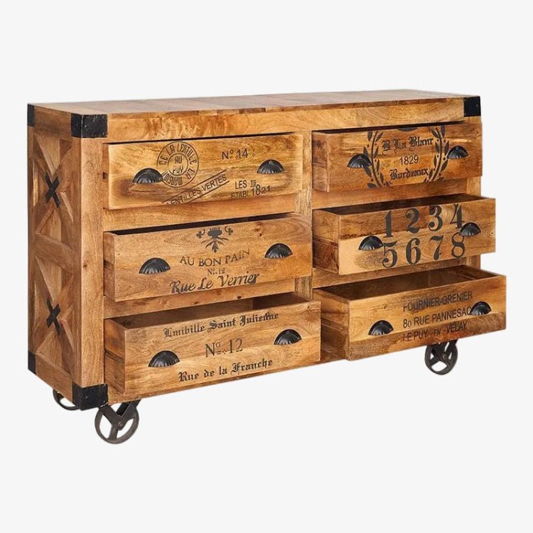Aparador Móvel Caroline Mango Wood 6 Gavetas com Rodas - Vintahome