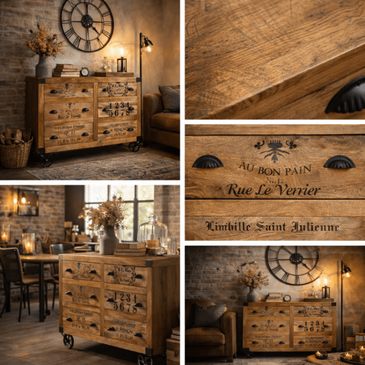 Aparador de madeira Caroline Mango com rodas e gavetas serigrafadas em ambiente industrial com detalhes texturizados