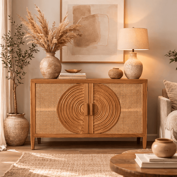 Scarpiera in legno - credenza 60x40x115 cm, 2 scomparti aperti, anta in rattan, ripiani regolabili