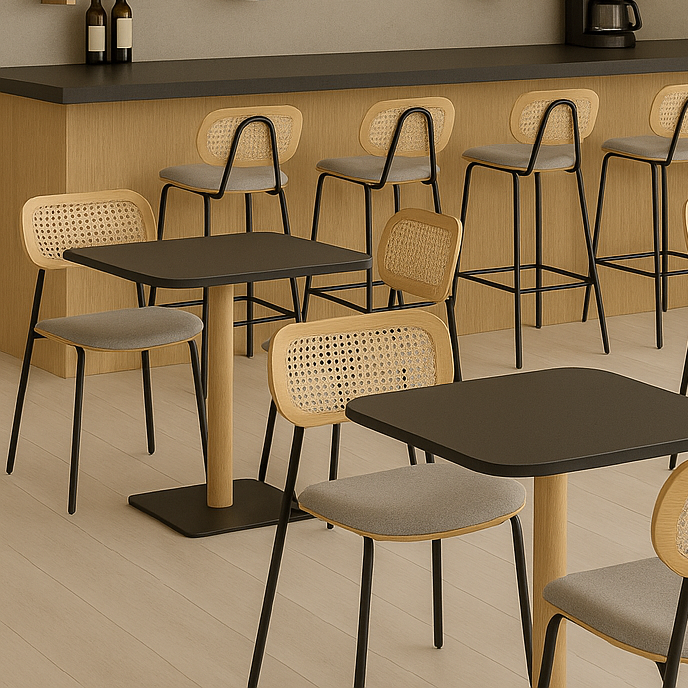 Tabouret de bar Alan H65 en bois naturel, rotin et tissu beige