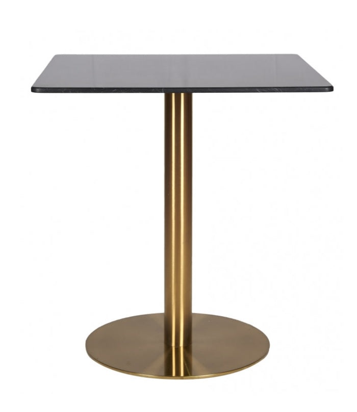 Mesa de jantar base em aço inox dourado tampo quadrado em mármore branco 70x70cm