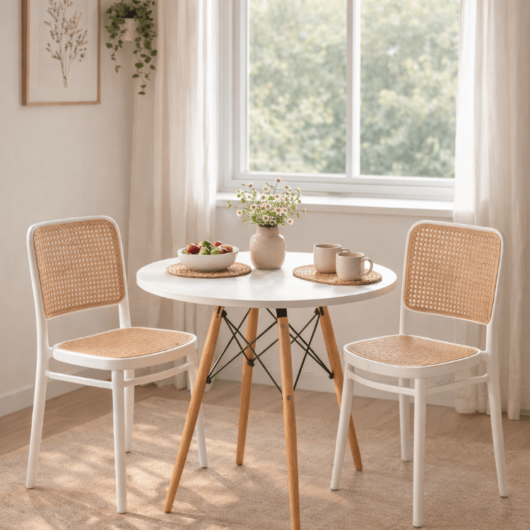 Conjunto de mesa redonda branca com 2 cadeiras de vime Domus - Vintahome
