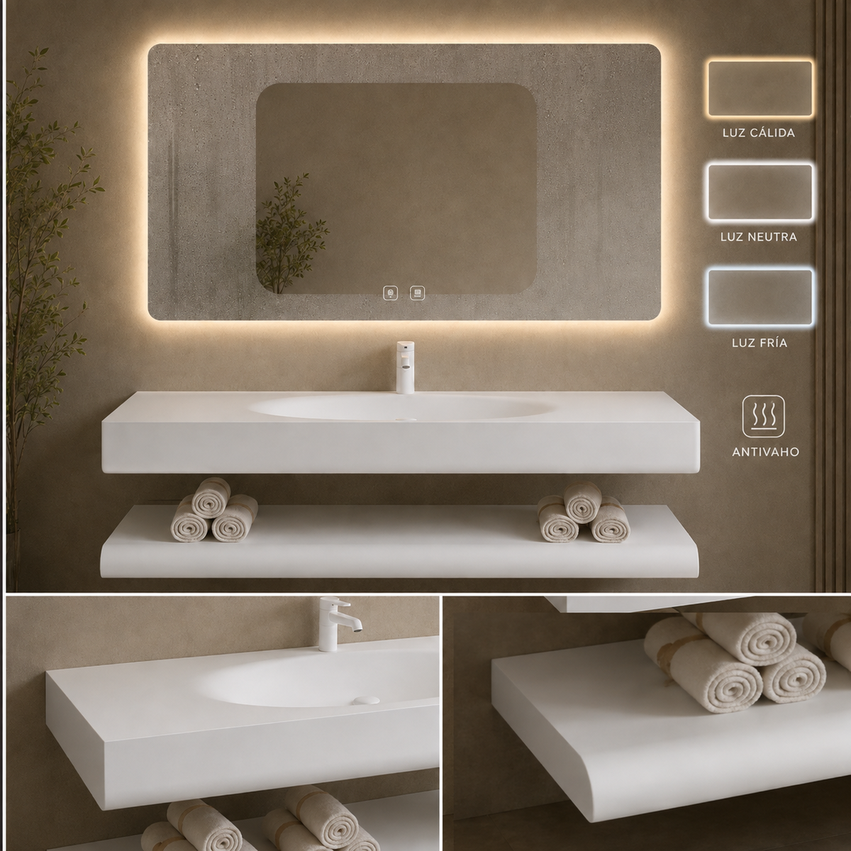 Conjunto de baño suspendido Siena Stone 120 con espejo LED antivaho