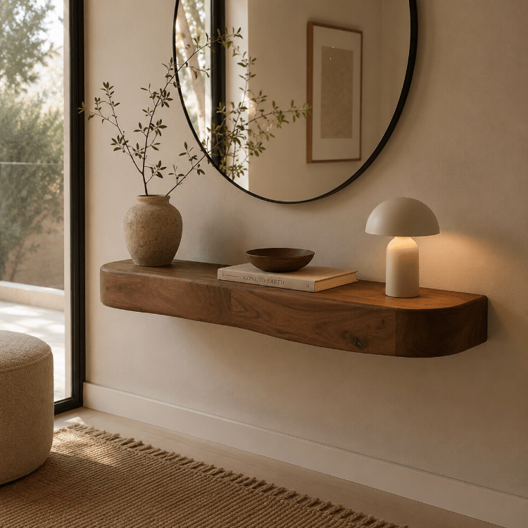 Consola flotante Nuba de madera maciza de acacia con cajón curvo 90 × 25 × 8 cm - Vintahome