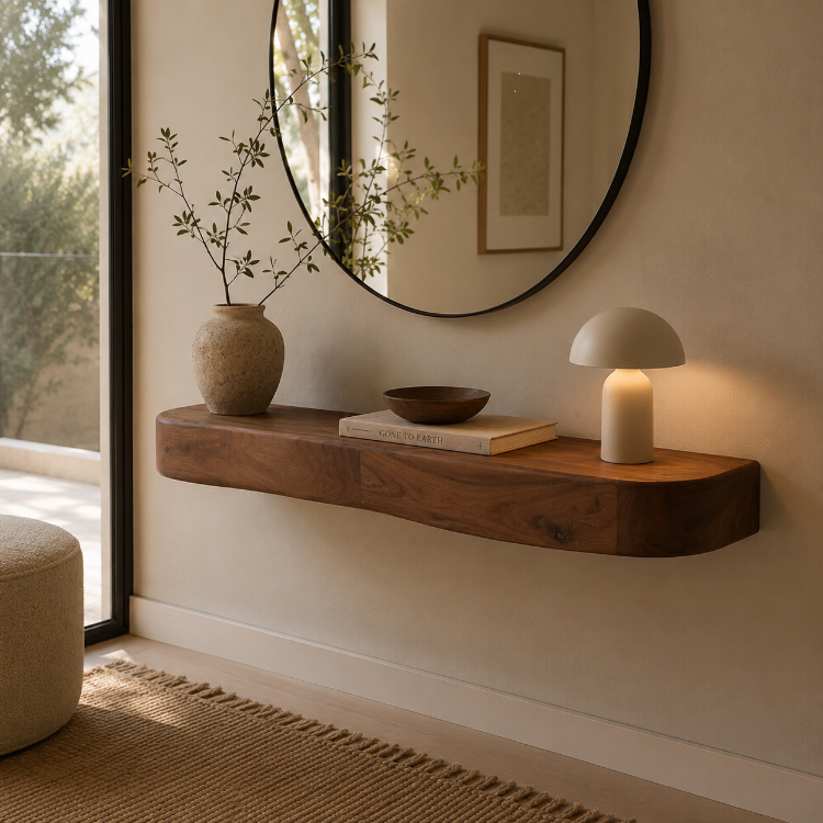 Consola flotante Nuba de madera maciza de acacia 90x25x8 cm en recibidor moderno