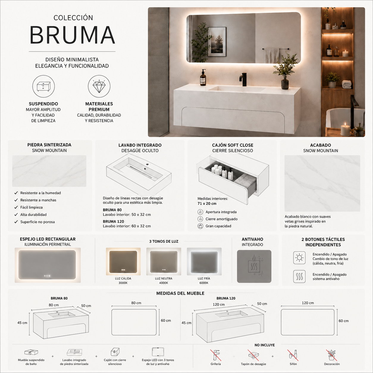 Detalles del mueble de baño BRUMA en piedra sinterizada Snow Mountain con lavabo integrado de desagüe oculto y diseño suspendido