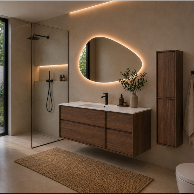Mueble de baño ELORA suspendido acabado nogal con lavabo blanco efecto Calacatta y espejo LED orgánico retroiluminado