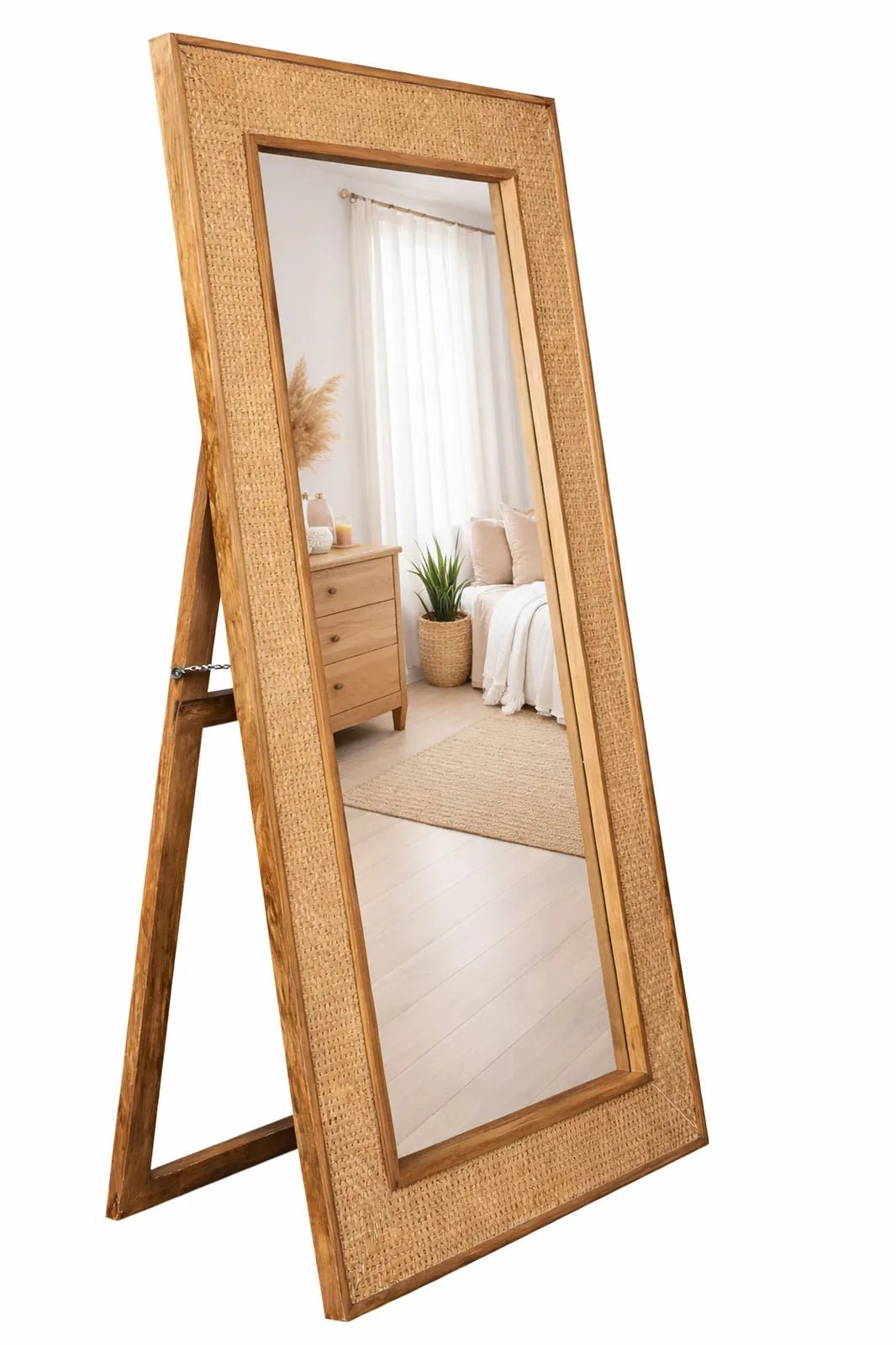 Staande spiegel van mangohout en natuurlijk rotan 182×90 cm - Vintahome