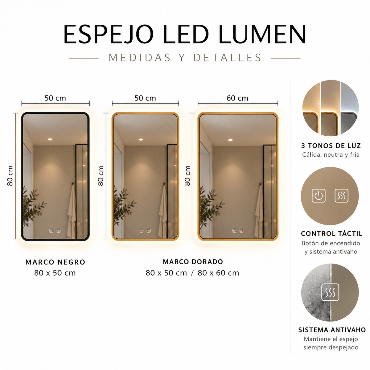 Espejo LED de Baño LUMEN – Marco Negro o Dorado | 3 Tonos de Luz y Antivaho - Vintahome