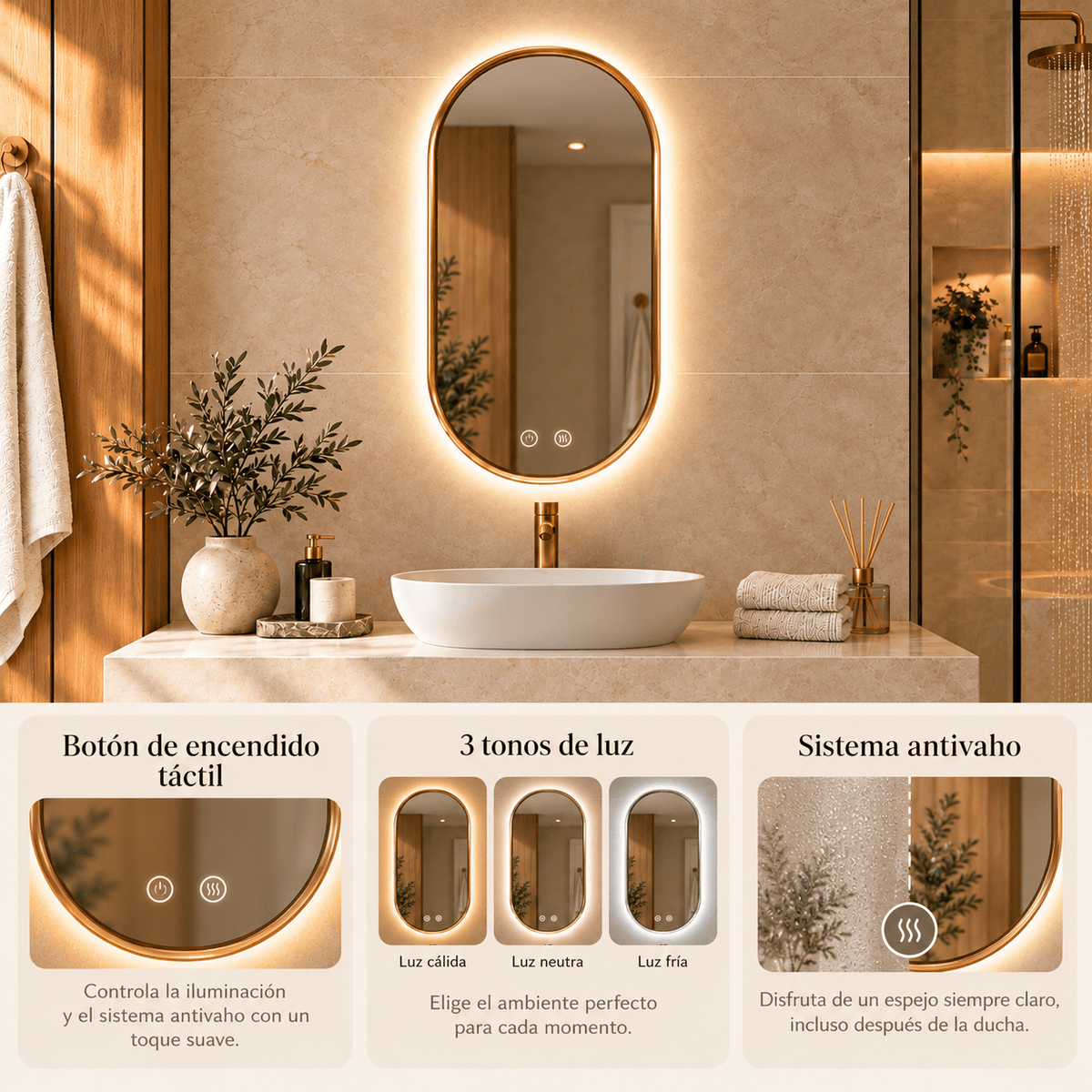 Ovaler LED-Badezimmerspiegel mit goldenem Rahmen · 3 Farbtöne und Antibeschlag - Vintahome