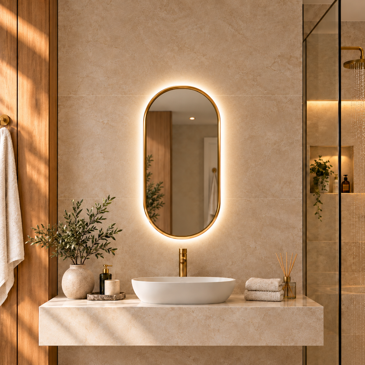 Espejo LED ovalado de baño con 3 tonos de luz y botón táctil