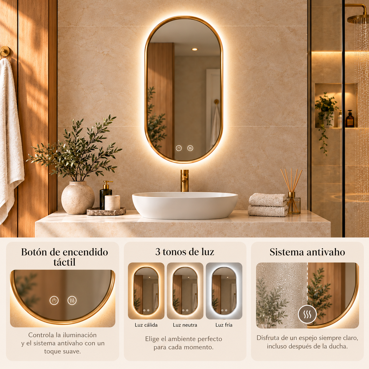 Detalles del espejo ovalado LED con antivaho, iluminación regulable y acabado elegante