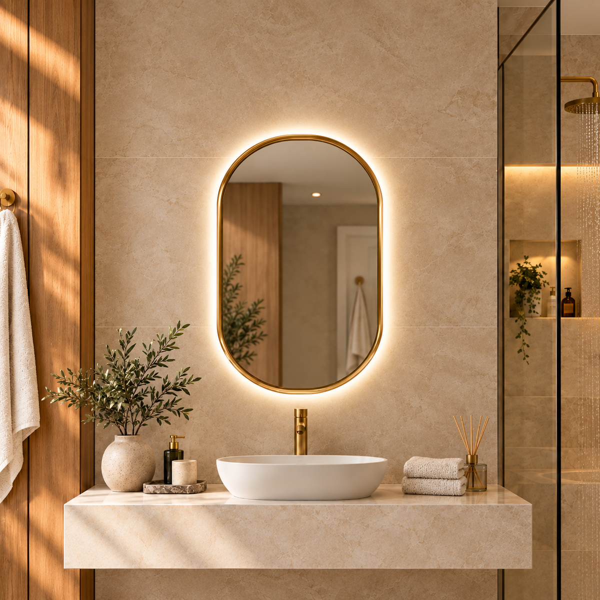 Espejo ovalado LED para baño con sistema antivaho y luz perimetral