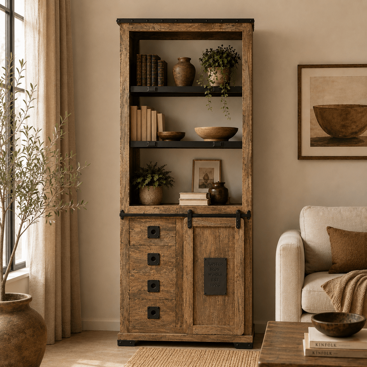 Estantería industrial madera mango puerta y 3 cajones California - Vintahome