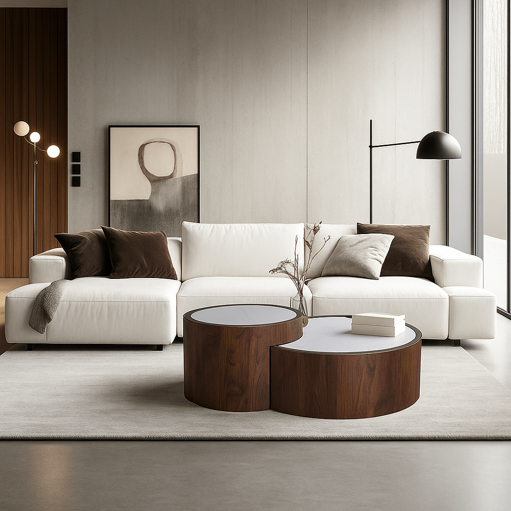 Juego de 2 mesas de centro redondas nogal y piedra sinterizada Sefora - Vintahome