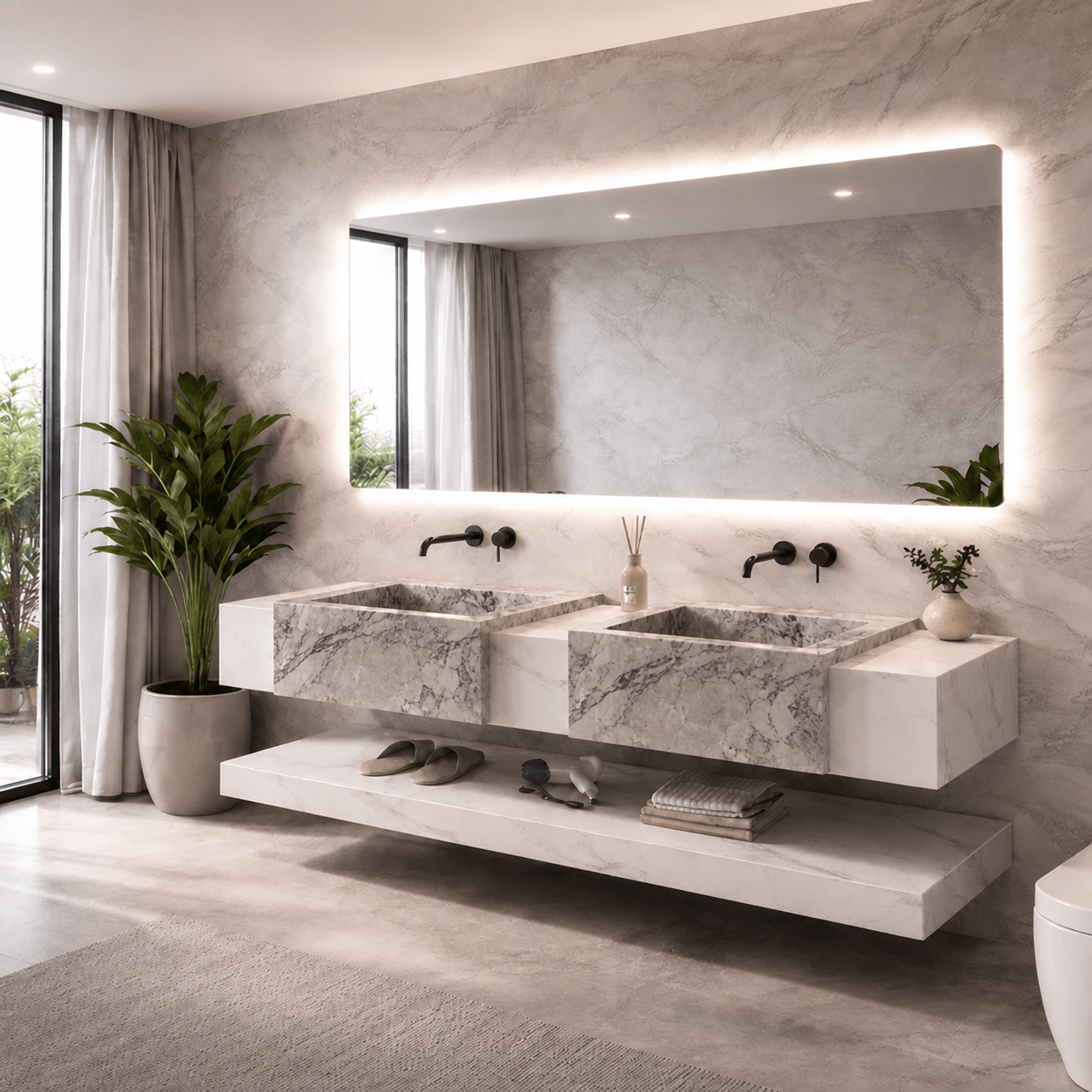 Lavabo Atlas piedra sinterizada con espejo LED · Conjunto suspendido de baño - Vintahome