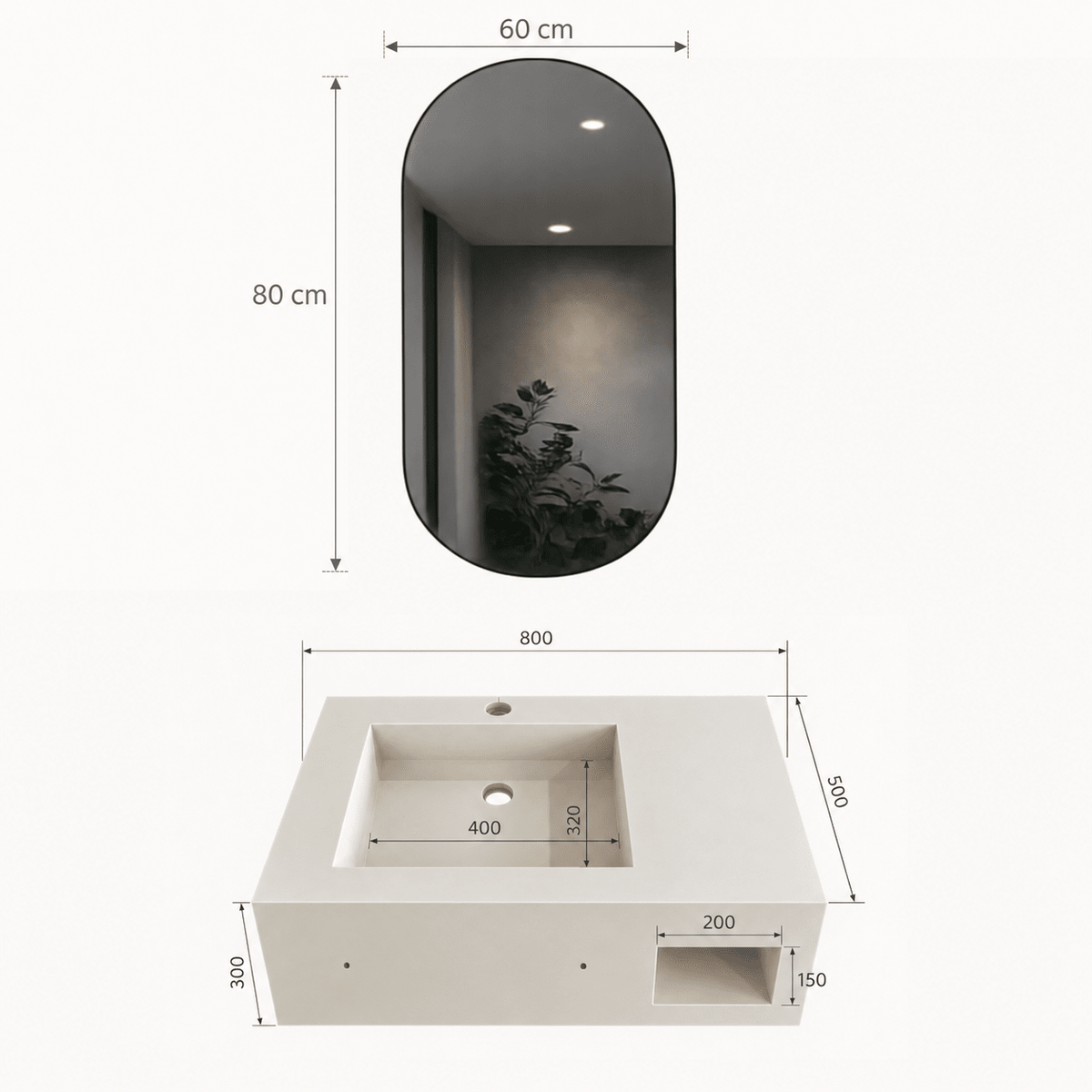 Lavabo AURA de piedra sinterizada con espejo LED · Conjunto suspendido de baño - Vintahome