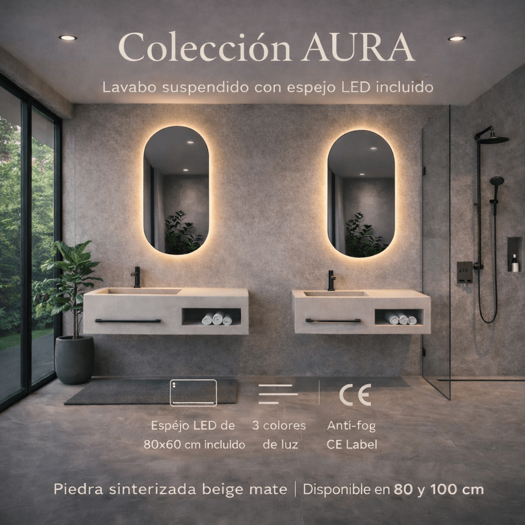 Lavabo AURA de piedra sinterizada con espejo LED · Conjunto suspendido de baño - Vintahome