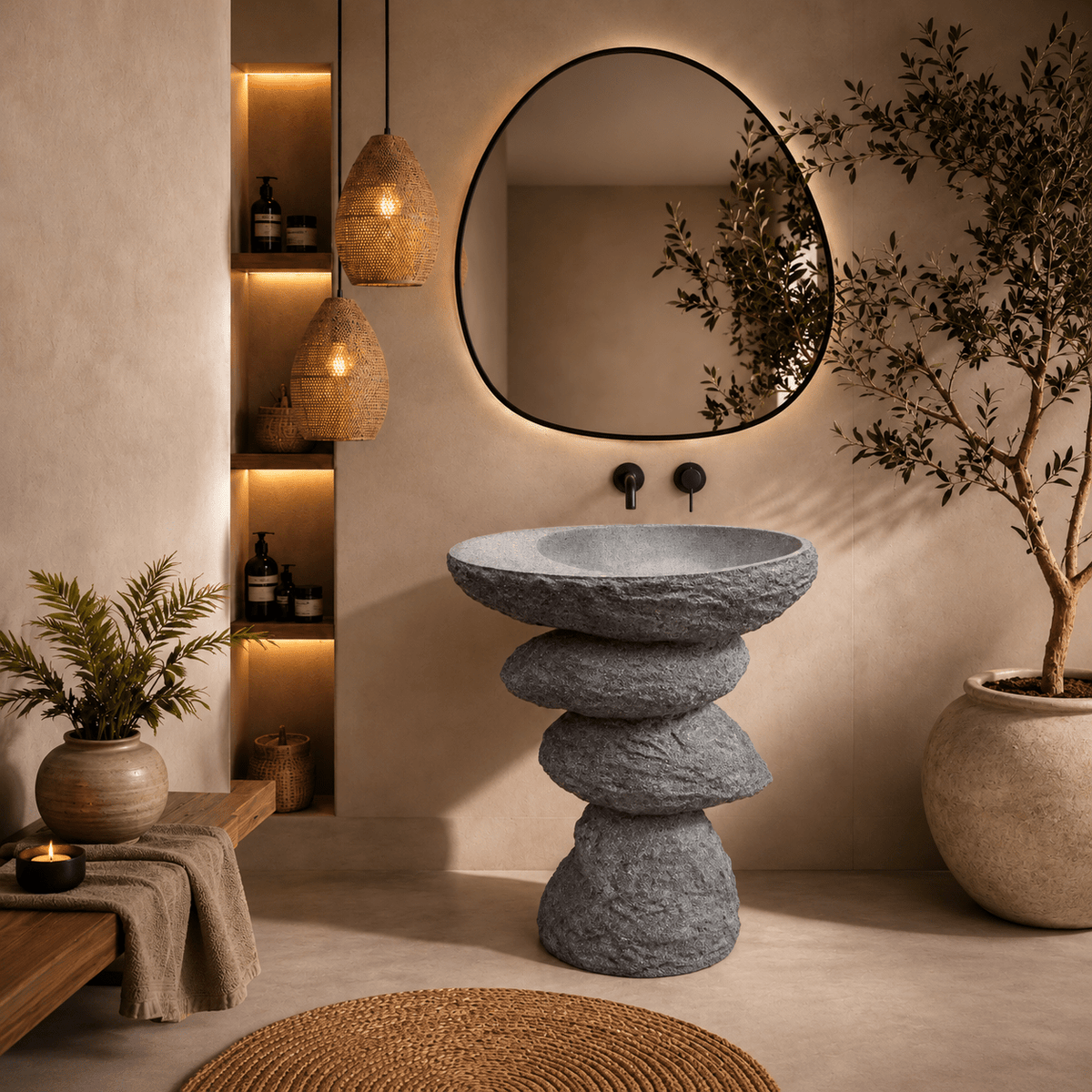 Lavabo de Pie KAIRA STONE de Piedra Natural Gris con Diseño Escultórico - Vintahome