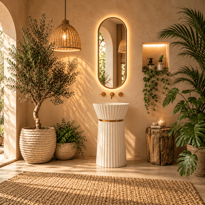 Lavabo de Pie Nela Stone Blanco con Aro Dorado - Vintahome