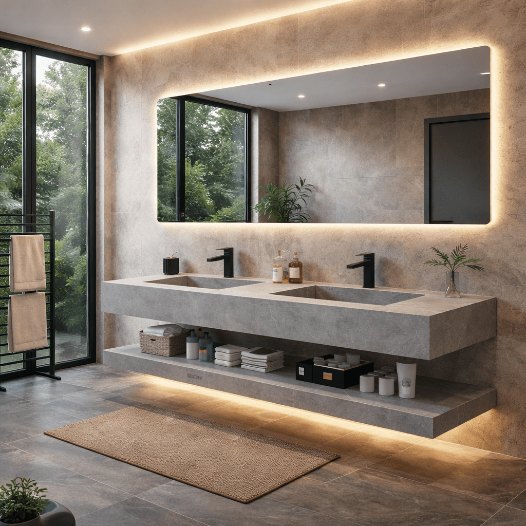 Essenza Waschbecken aus gesintertem Stein mit LED-Spiegel 140 – Hängendes Badezimmerset – Vintahome