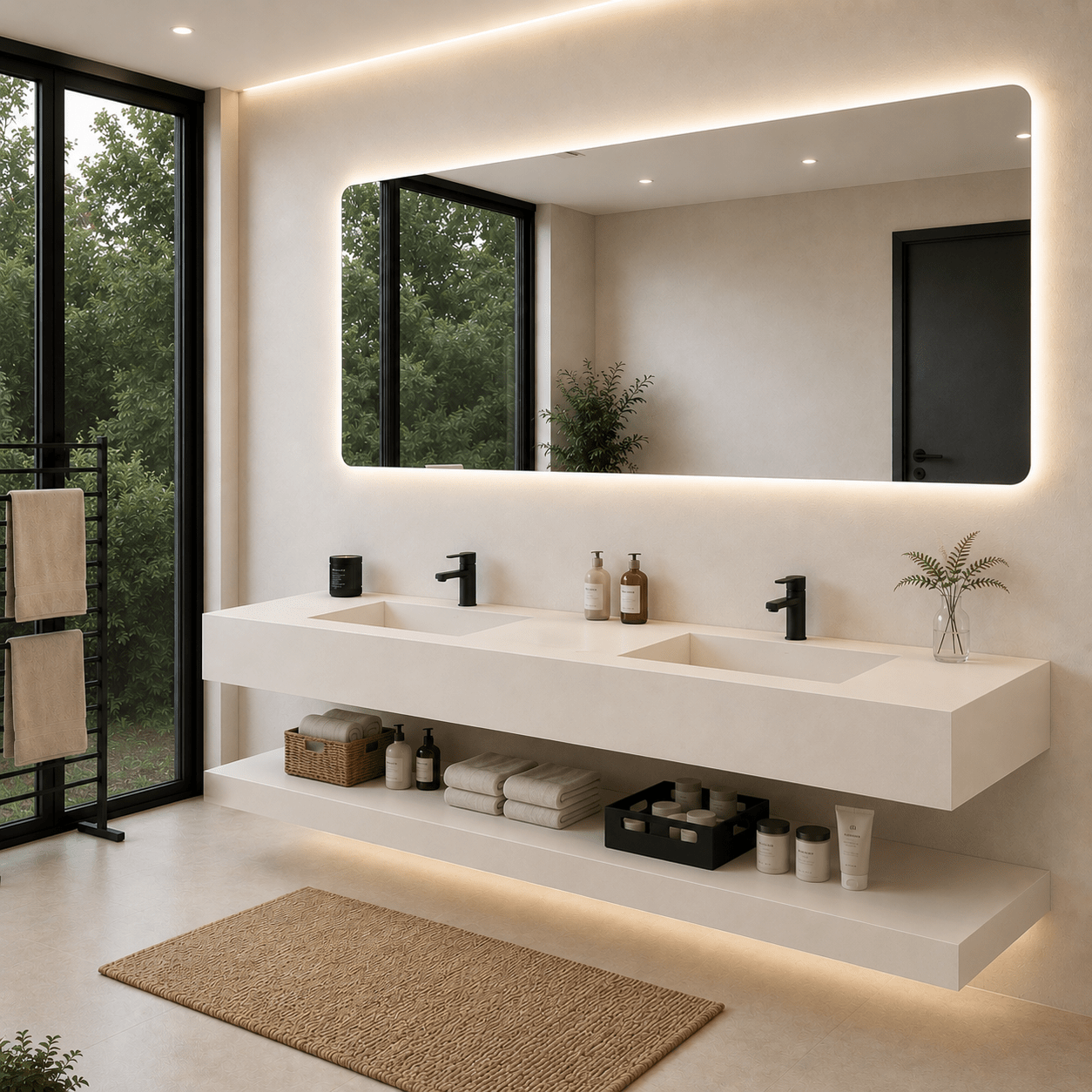Lavabo Essenza de piedra sinterizada con espejo LED 140 – Conjunto suspendido de baño - Vintahome