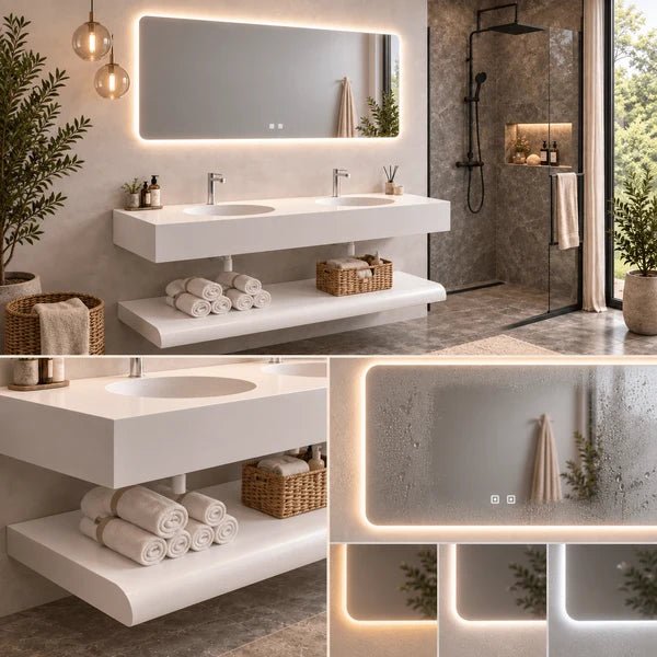 Lavabo Lyra Stone con espejo LED · Conjunto suspendido de baño - Vintahome