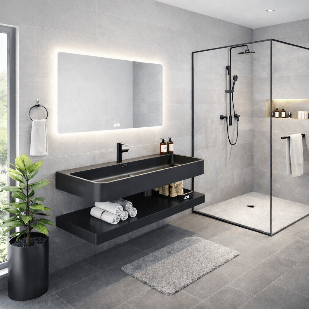Lavabo Nara Stone con espejo LED · Conjunto suspendido de baño - Vintahome