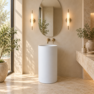 Lavabo de pie MAREL blanco mate de 40 cm de diámetro y 85 cm de altura, con lavabo integrado, instalado en baño moderno de estilo minimalista.