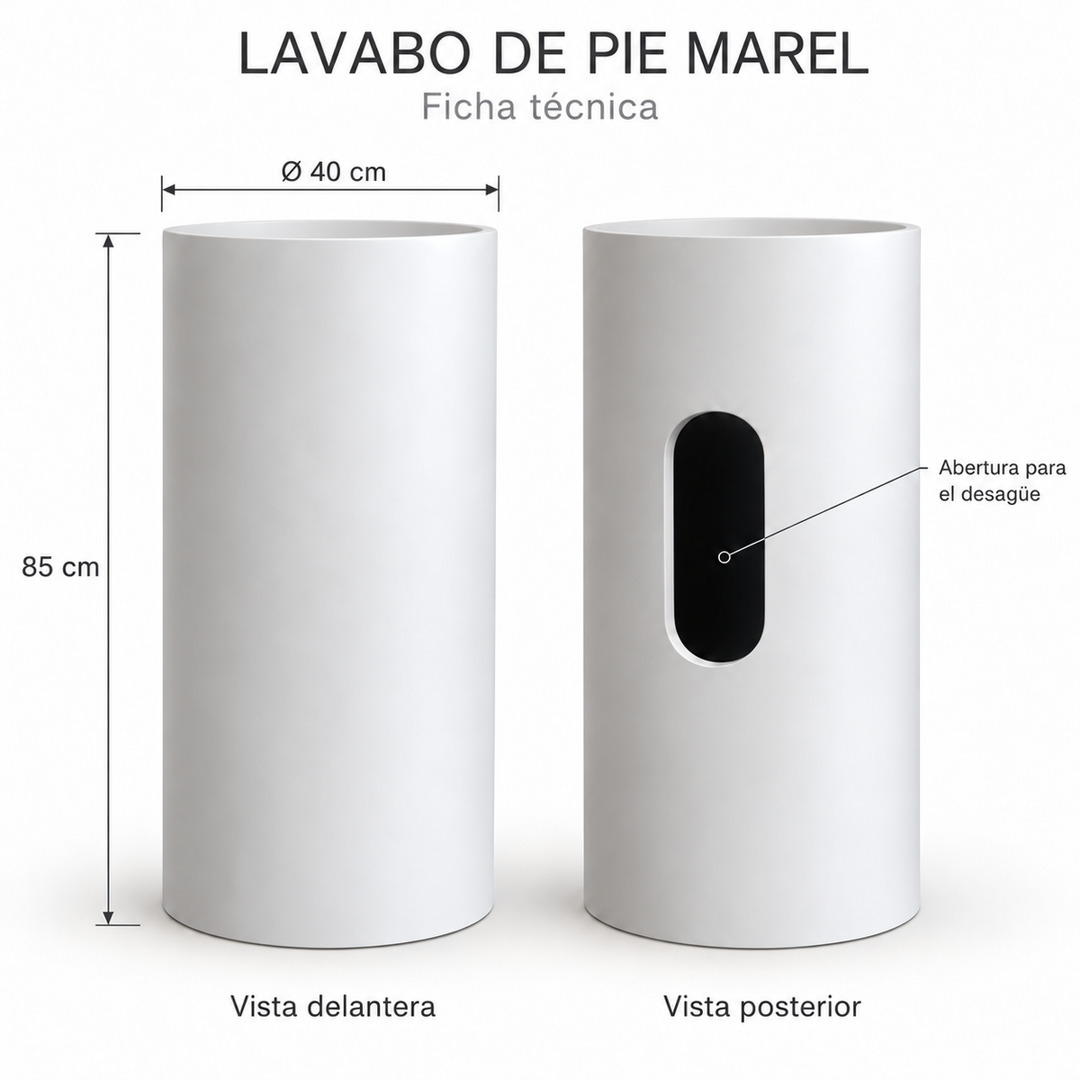 Ficha técnica del lavabo de pie MAREL blanco mate, con medidas de 40 cm de diámetro y 85 cm de altura, vista delantera y posterior con abertura para el desagüe.