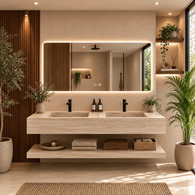 Lavabo Sena Travertino 140 con balda y espejo LED - Vintahome