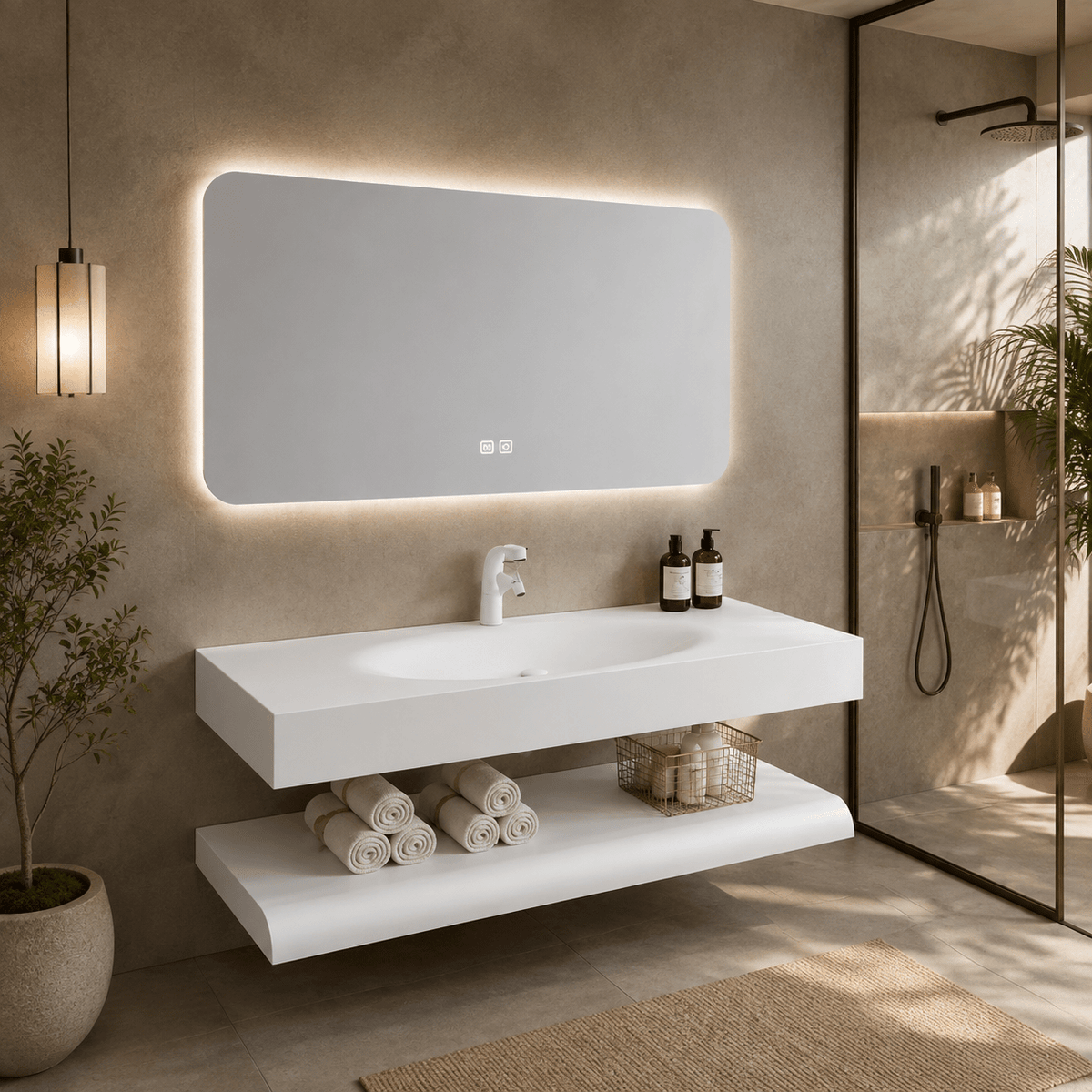 Lavabo Siena Stone 120 cm con espejo LED · Conjunto suspendido - Vintahome