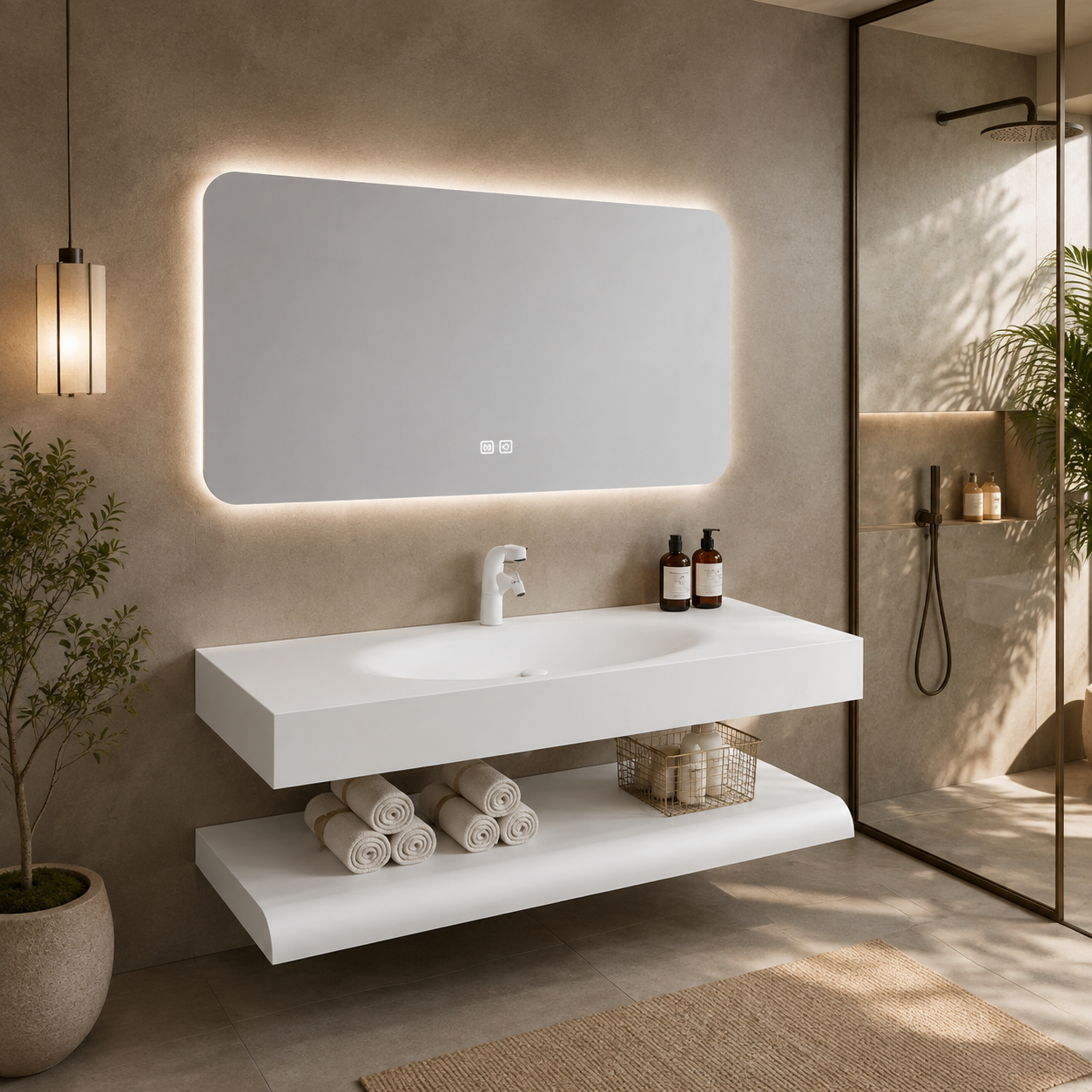 Lavabo Siena Stone 120 de piedra sinterizada con balda y espejo LED