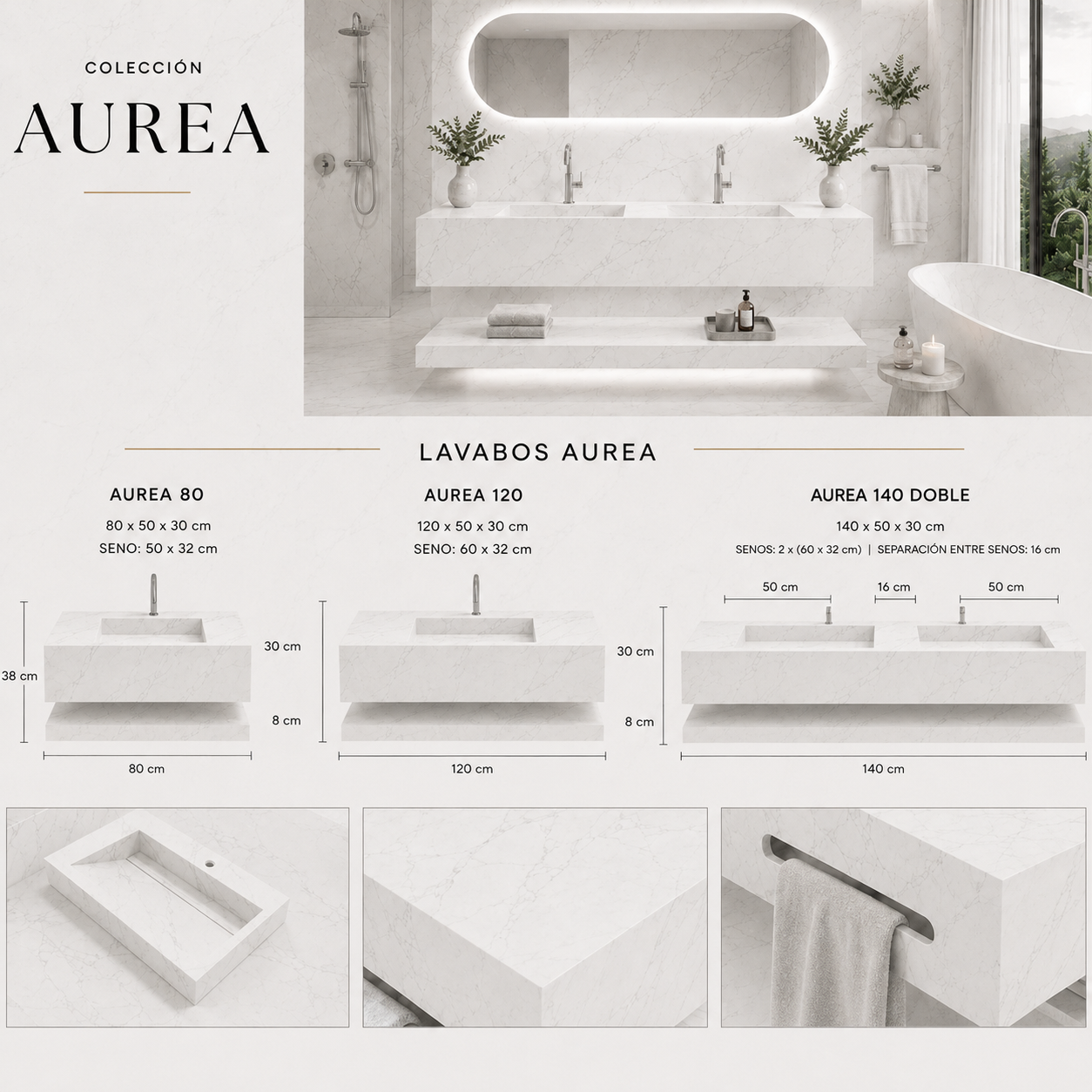 Lavabo suspendido Aurea piedra sinterizada con espejo LED - Vintahome