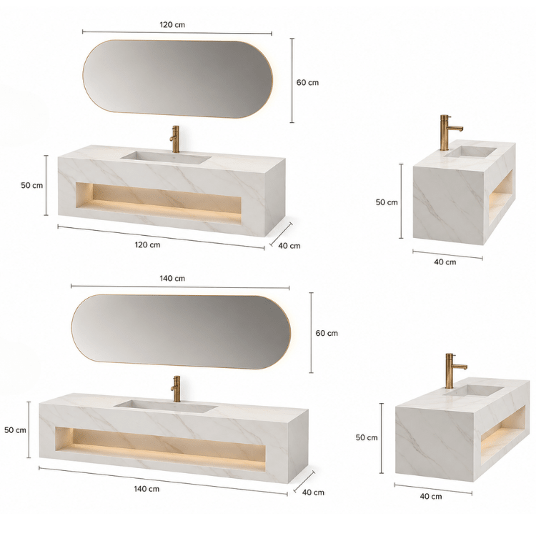 Lavabo Varenna de piedra sinterizada Calacatta Gold con espejo LED – Conjunto suspendido de baño - Vintahome