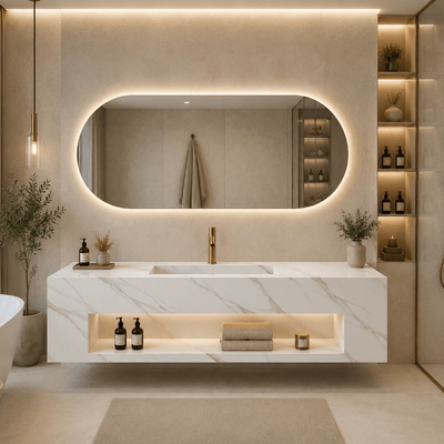 Lavatório suspenso de pedra sinterizada VARENNA Calacatta Gold com LED oval antiembaçante e espelho oco com iluminação LED em banheiro moderno e minimalista