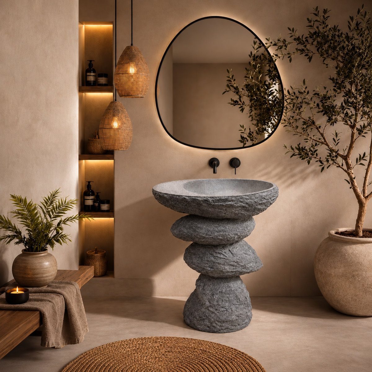 Lavabo de Pie KAIRA STONE de Piedra Natural Gris con Diseño Escultórico