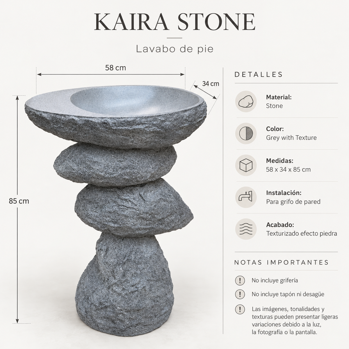 Lavabo de Pie KAIRA STONE de Piedra Natural Gris con Diseño Escultórico