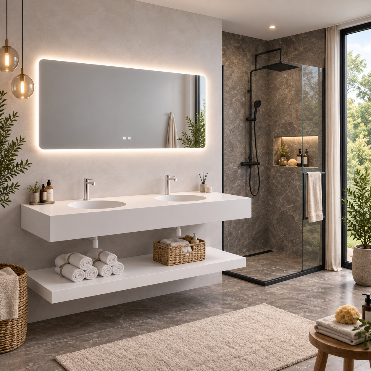 Lavabo Lyra Stone 140 con due vasche e specchio LED