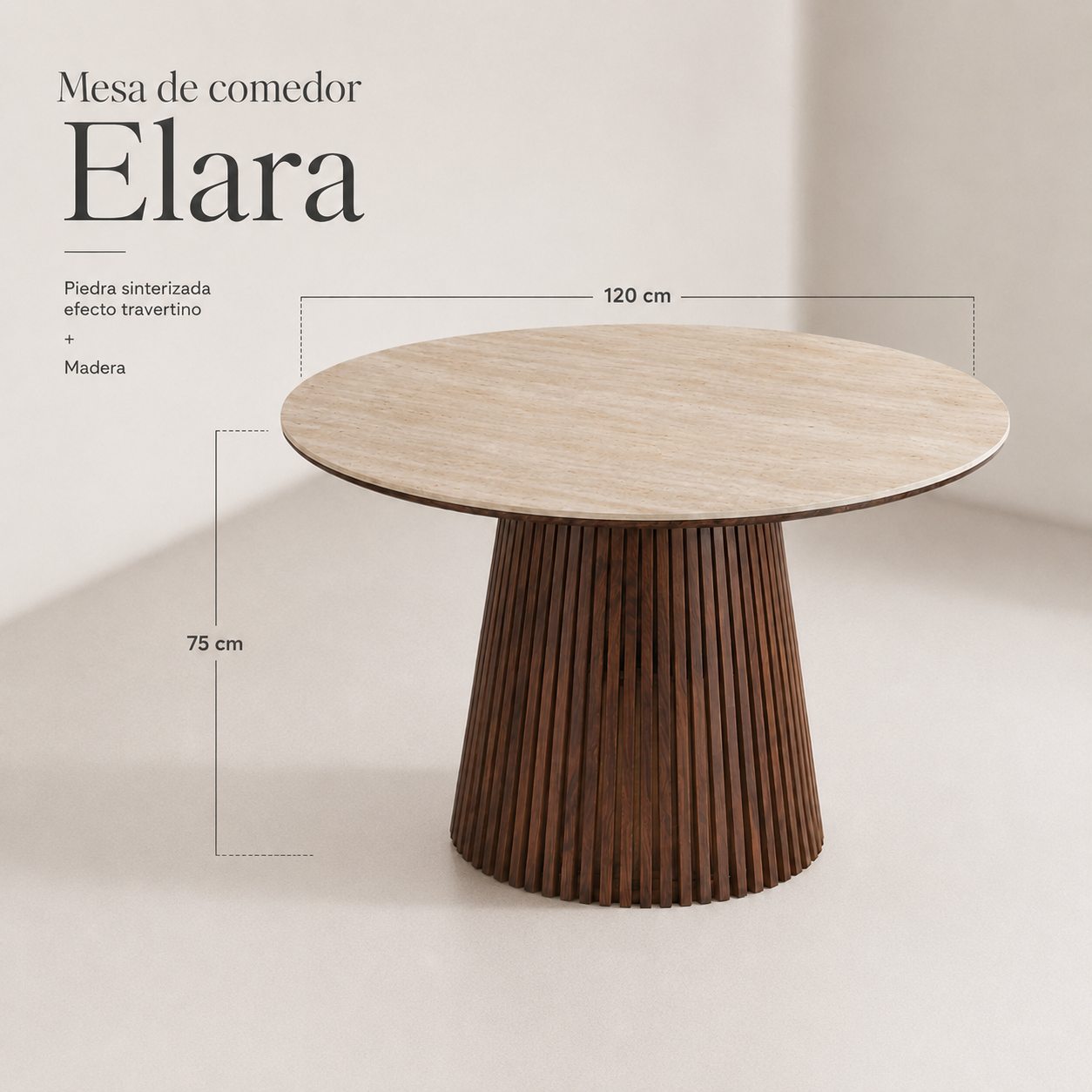 Medidas de la mesa de comedor redonda Elara de 120 cm de diámetro y 75 cm de alto