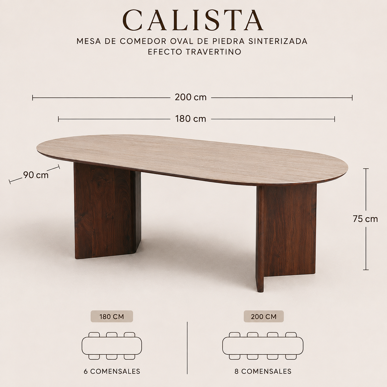 Medidas mesa Calista 180 y 200 cm, 90 cm de ancho y 75 cm de alto